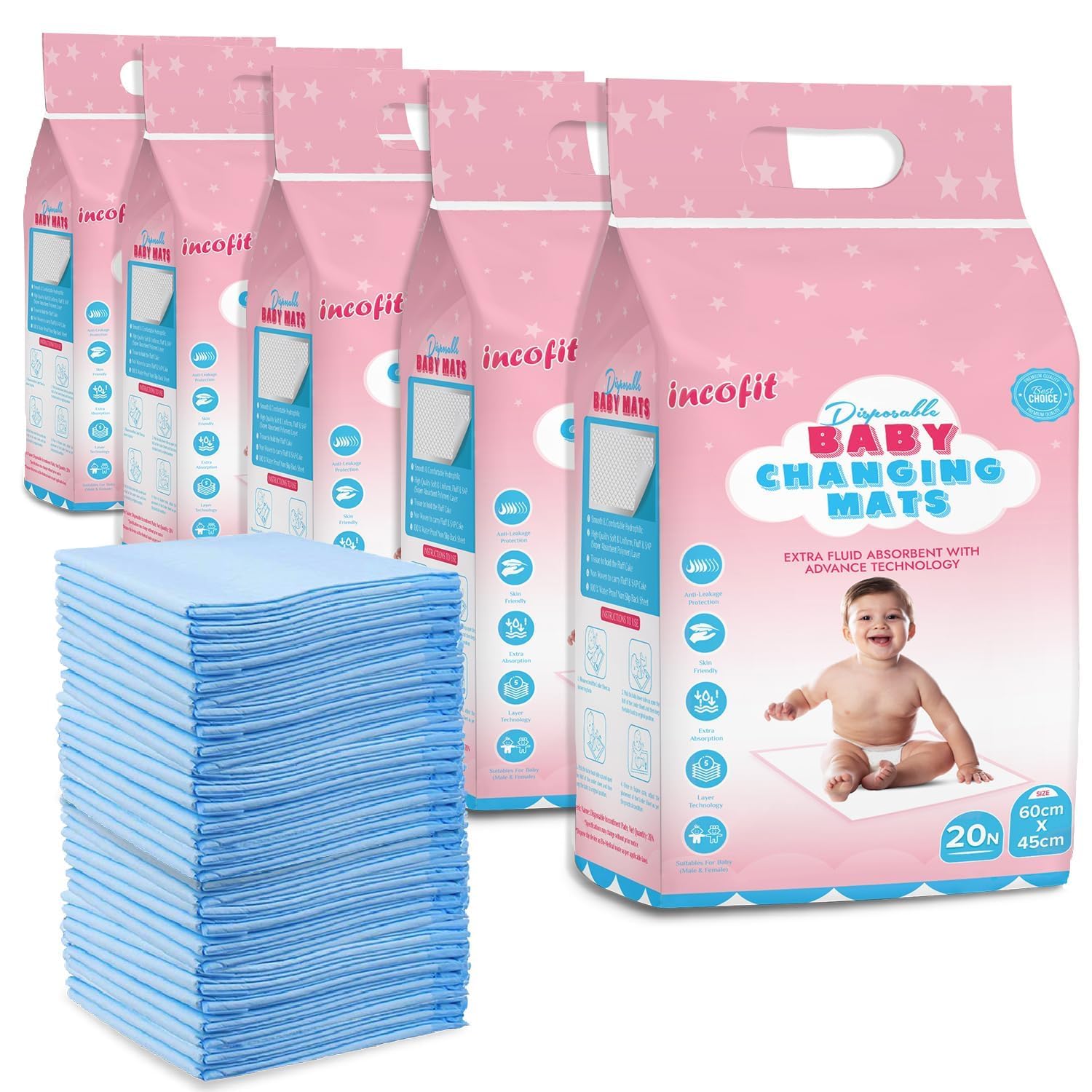 Incofit 100 Count Baby Disposable Underpad | Changing Mats | Changing Pads | Baby Waterproof Pads | Breathable Underpads | Bed Protector With 100% Water Proof Non Slip Back Sheet -Size : 60 CM x 45 CM