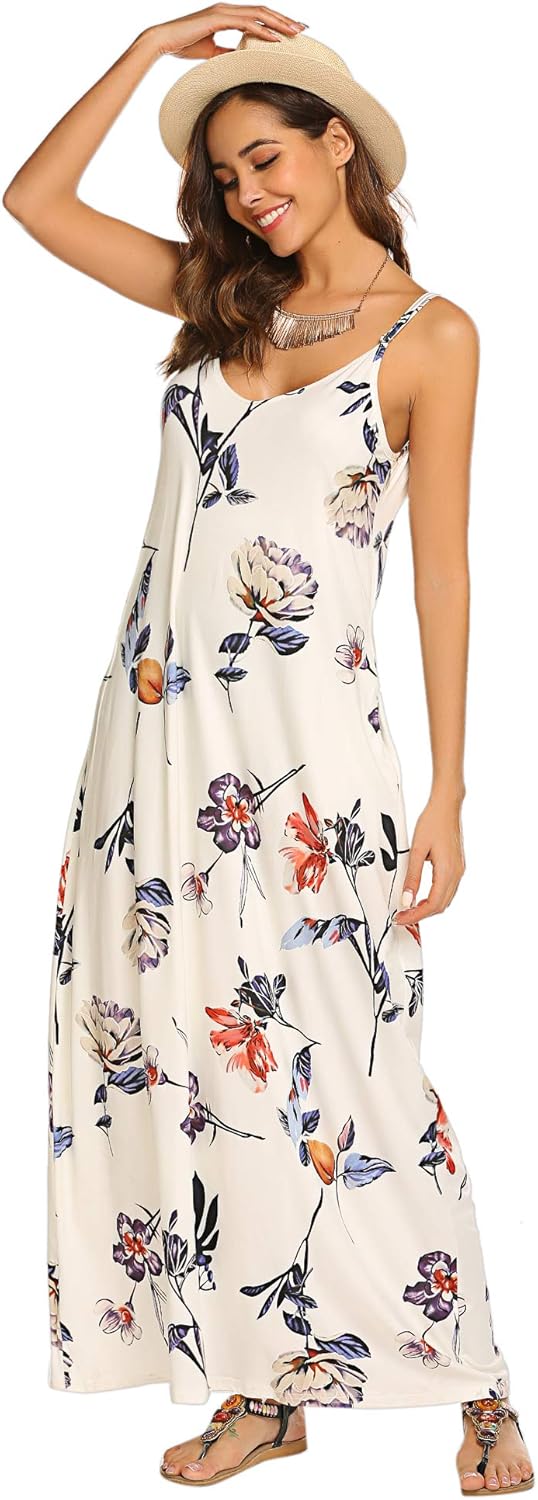 Supnier Women's Summer Maxi Dress Casual V-Neck Sleeveless Bohemian Spaghetti Strap Floral Long Maxi Dress with Pockets - Image 2
