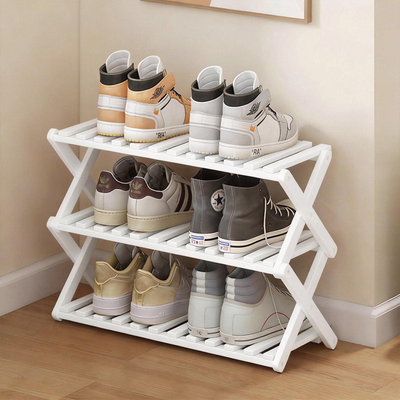 Glsety 3 Tier Bamboo Shoe Rack White,Portable Folding Shoe Storage Rack,Without Installation Small Shoe Rack Perfect for Corridors, Bedrooms and Small Spaces