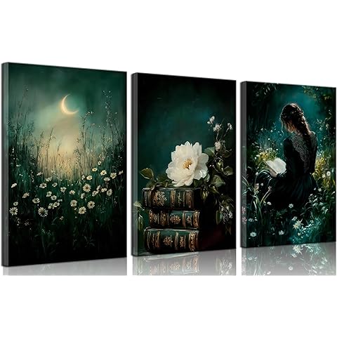 3Pcs Dark Academia Canvas Wall Art Vintage Moody Victorian Woman Reading Book Pictures Wall Decor Gothic Emerald Green Halloween Posters Prints for Bedroom Living Room Home Decoration