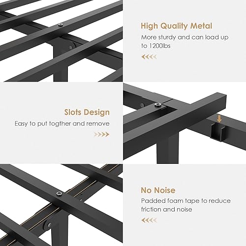 Miniatura 5 de HUEOFGP Base de cama Queen con cabecero, marco de cama de plataforma de metal con listones de metal resistentes, cama estable de soporte fuerte, no