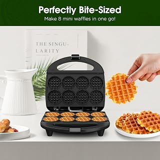 KEINVE Mini Waffle Maker for Kids - 8 Bite-Sized 2" Waffles in 2-3 Min, Non-Stick, Compact for Breakfast Snacks & Fun