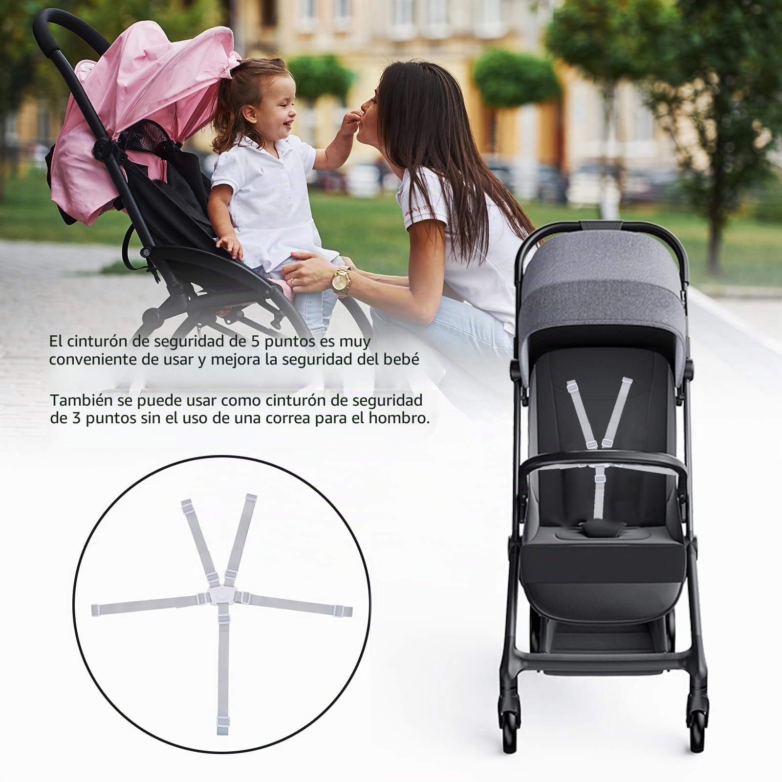 Cinturón de seguridad de 5 puntos, cinturones de seguridad de repuesto para cochecito de bebé, trona ajustable, cinturones de seguridad para silla de paseo y trona (blanco)