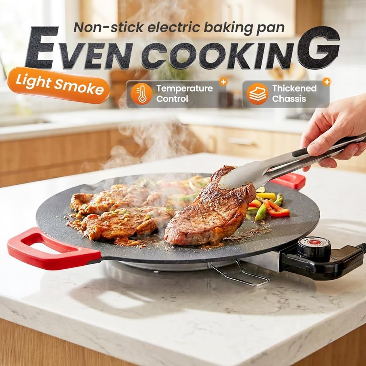 Indoor Smokeless Electric Griddle, 800W Portable Electric Korean BBQ Grill, Large Round Korean Grill Pan with 12/14/16" Nonstick Surface, Smokeless Oil Drain for Family Meals, Adjustable Temp (16in)