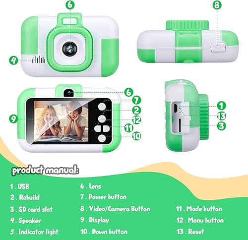 Miniatura 3 de SUZIYO Cámara de video para niños, los mejores regalos de Navidad para niños, videocámara digital selfie 1080P doble lente 2.4 pulgadas HD para