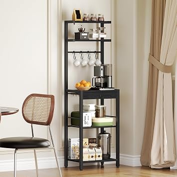 YATINEY Bakers Rack, 5-Tier Coffee Bar Station, Coffee Stand with Pod Drawer Holder, Versatile Kitchen Storage Rack with 4 Hooks, for Living Room, Cafe Corner, Black KF01BB