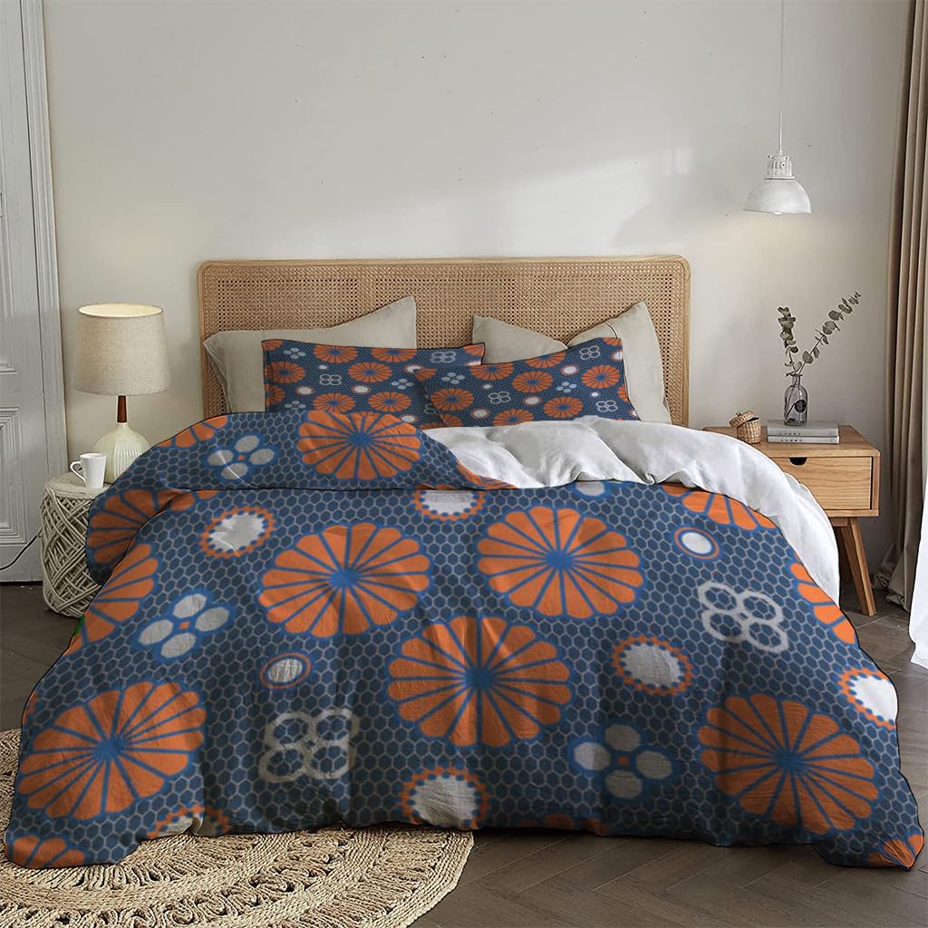 NIBAINLO 布団カバー青とオレンジ色の日本の花 肌に優しい ピーチスキン加工 掛け布団カバー 和式 洋式 あったか 布団カバーセット リバーシブル ホームステイ ホテル 家庭兼用