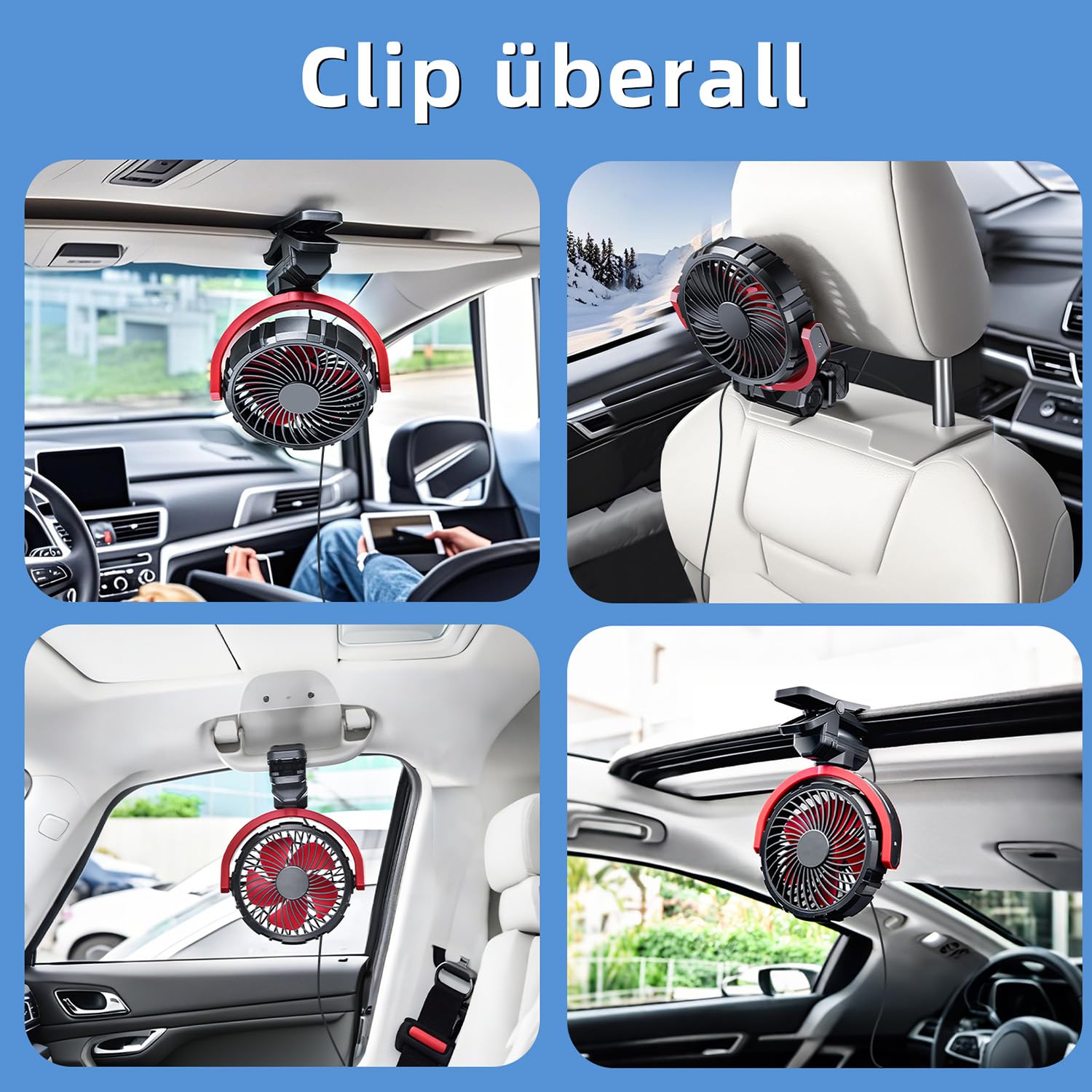 Auto Clip Ventilator,USB C Leise Fan Portable Klein Klemmventilator,360° Verstellbar 3 Stufen Stark Auto Lüfter für Car, SUV, PKW, LKW, Wohnmobil, Pickup, Van Autositz Ventilatoren(Schwarz)