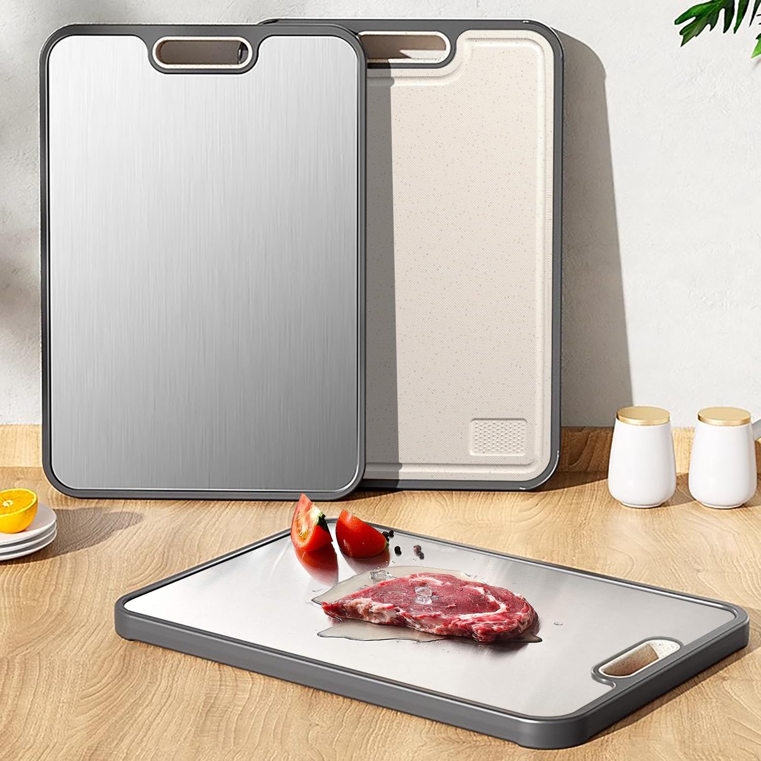 Stainless Steel Cutting Boards for Kitchen,Cutting Board Double sided,Stainless and Wheat Straw Non Toxic Kitchen Chopping Board,Anti Slip Easy to Clean,Dishwasher Safe (16x11 In)