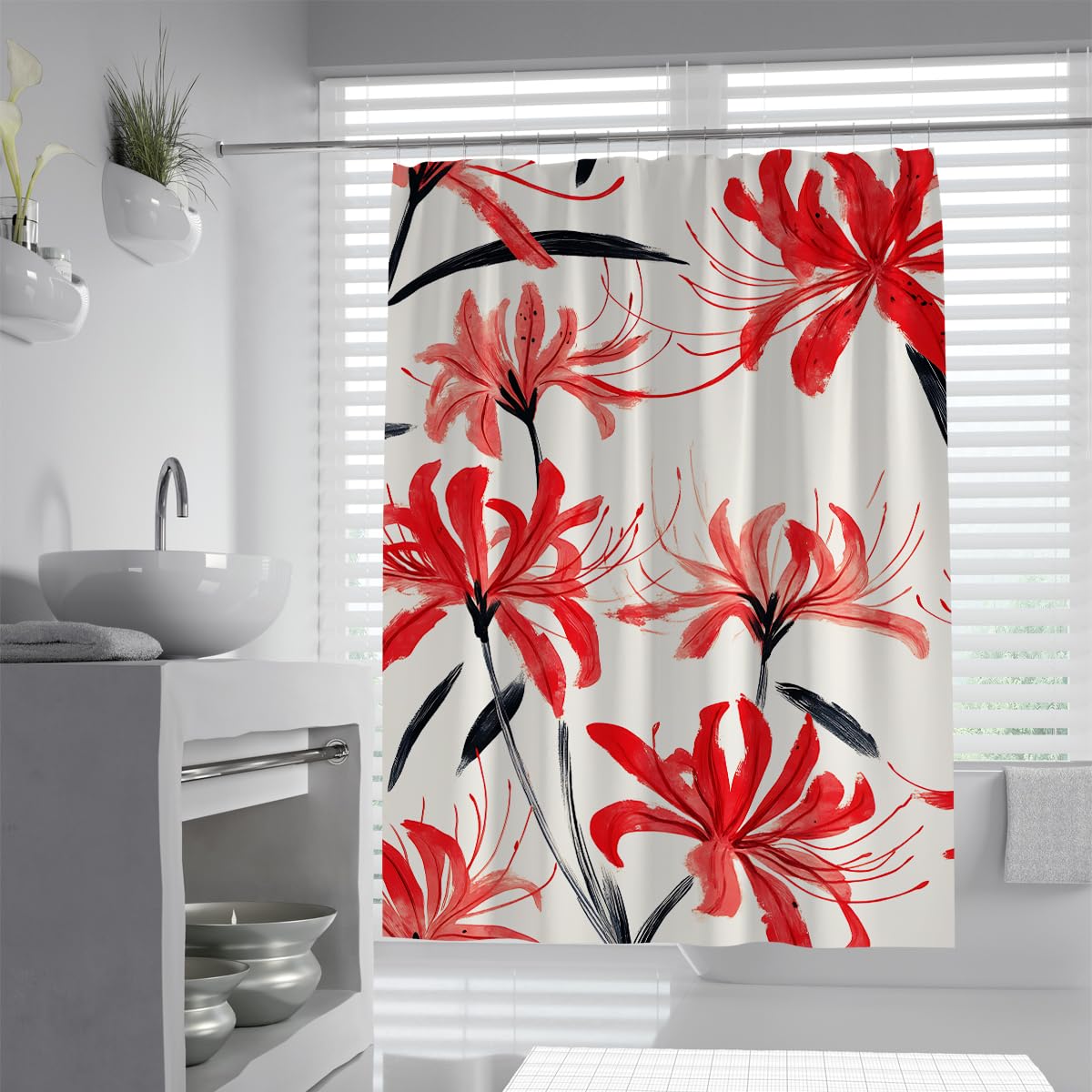 UIRINGART Modern Spider Lily Shower Curtain W120xL180cm Big Red Floral White Background Anti Mould Water Repellent Shower Screen Walk In Shower With Hooks