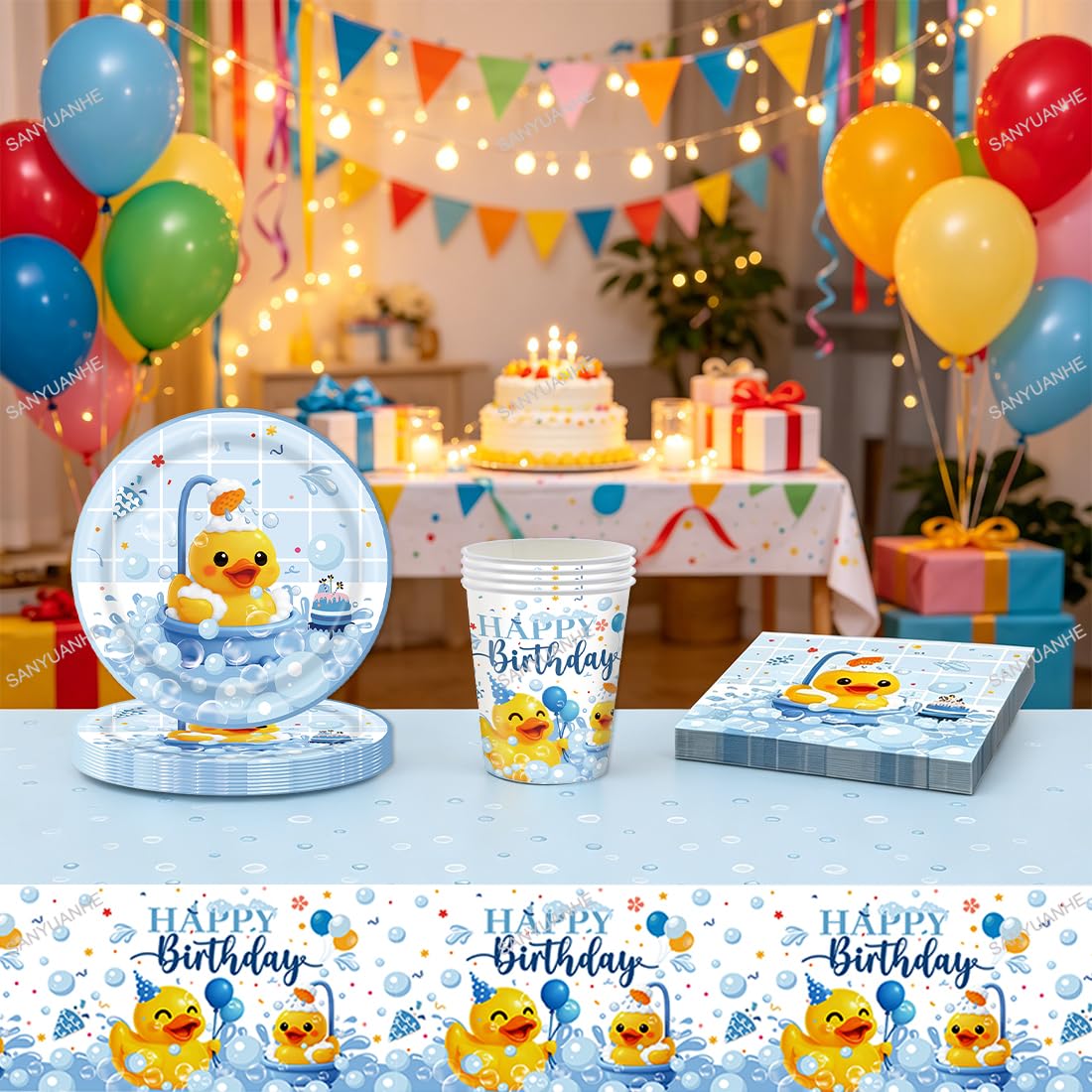 61 Pezzi Decorazioni Compleanno Paperella Gialla,Stoviglie per Feste Animali Anatra,SANYUANHE Festa per Bambini Duck,Tema Animali Piatti Tazze Tovaglioli Tovaglie