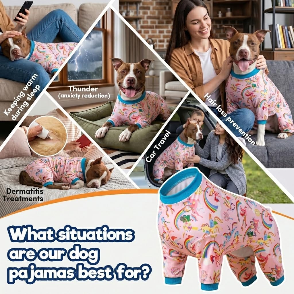 LovinPet Large Dog Pajamas Onesie, Magic Rainbow Shine Pink Print, Lightweight Stretchy Knit Pullover Large Puppy Pajamas, Pjs for Pitbulls, Stop Shedding for Dogs, Pet PJ's, L