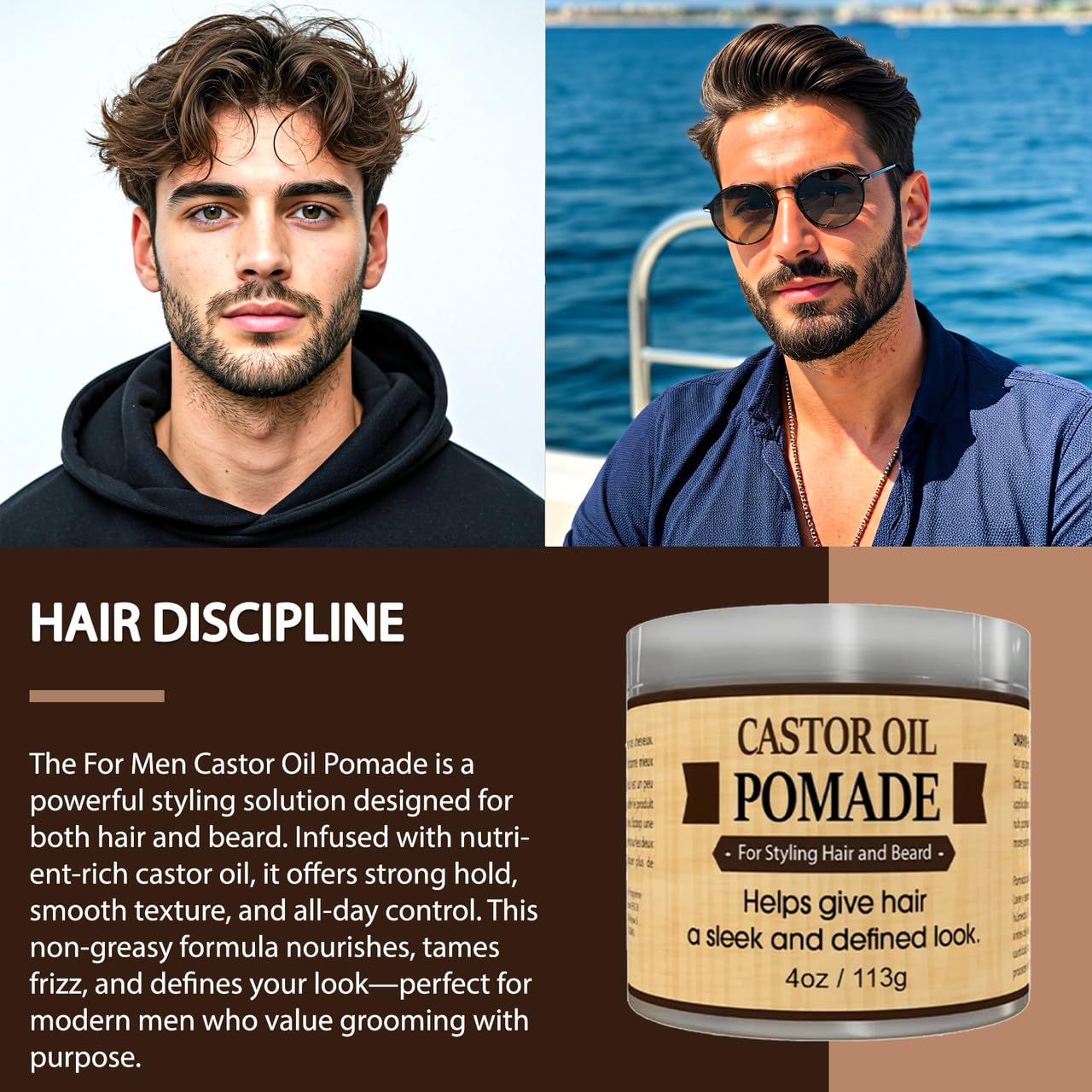 OKAY | Men's Castor Oil Beard and Hair Pomade | For All Hair Types & Textures | All Day Hold | Sleek, Defined Look | Free of Silicone & Paraben, Gray, 4 Oz
