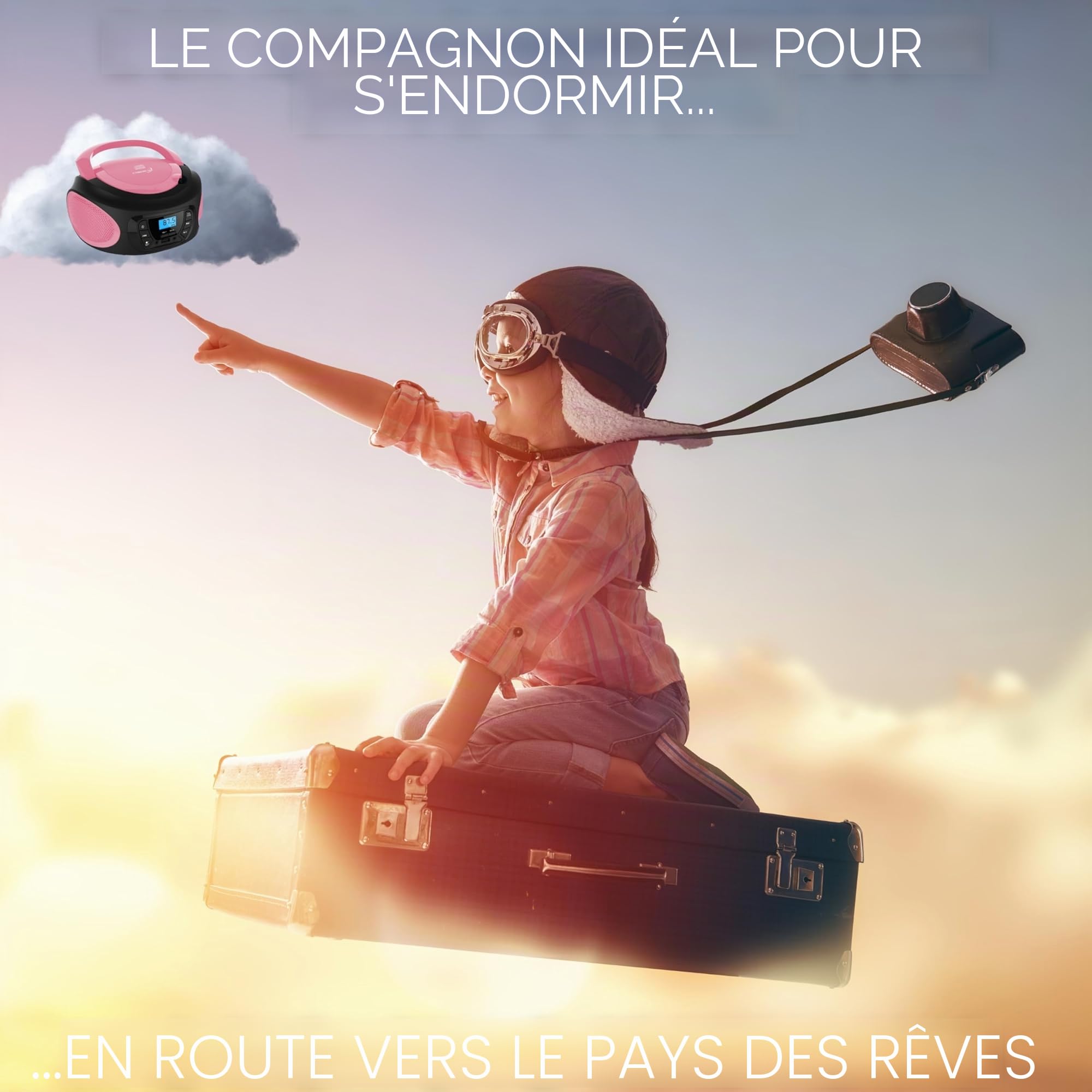 Boombox - Lecteur CD portable - CD/CD-R - USB - Radio FM enfants - Entrée AUX-IN - Prise casque - Chaîne stéréo - Système compact - Rose vif (Pretty Pink)