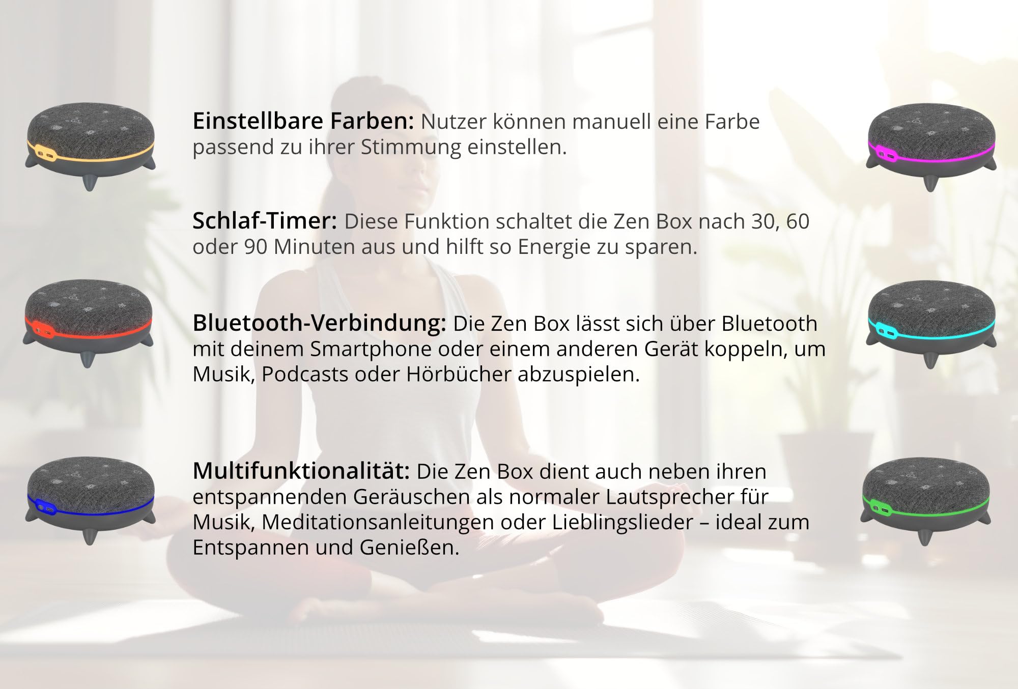 ZB-7 Zen Box głośnik Bluetooth ze światłem – White Noise Machine jako pomoc w zasypianiu dla niemowląt – uspokajające dźwięki natury – szum morza, śpiew ptaków, burze itd.