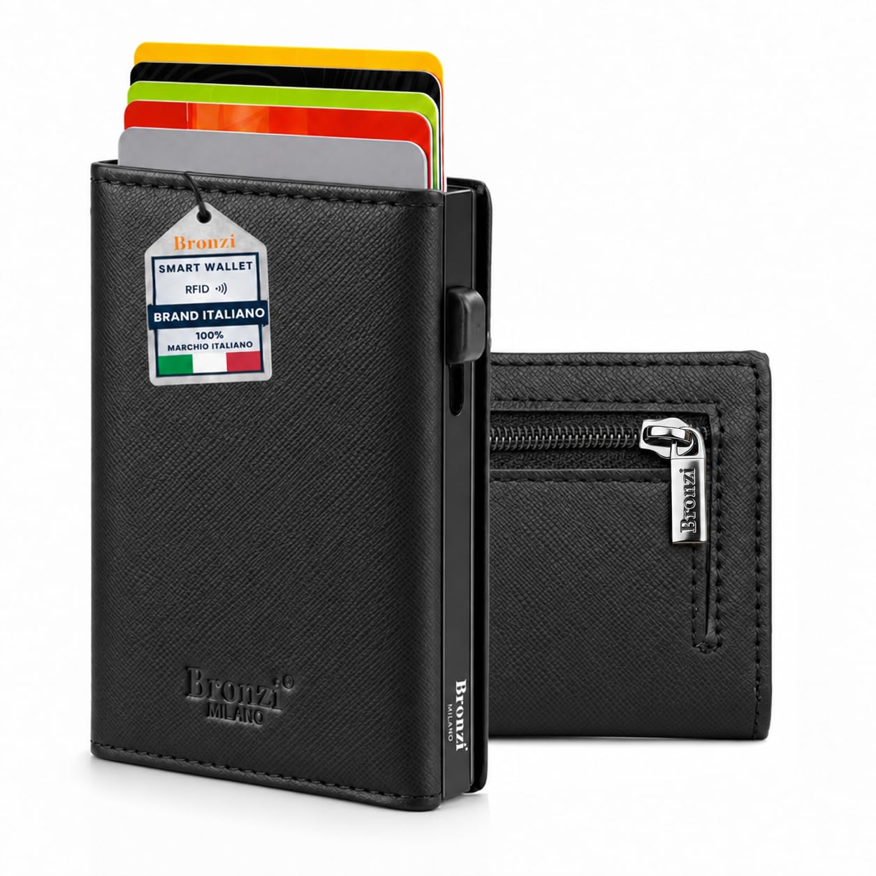 Bronzi® Portafoglio Uomo Slim Piccolo | Portacarte Uomo Donna Portatessere Porta Carte Di Credito | Portafogli Mini Protezione RFID con Portamonete | Box Regalo - Brand Italiano (Saffiano Nero)
