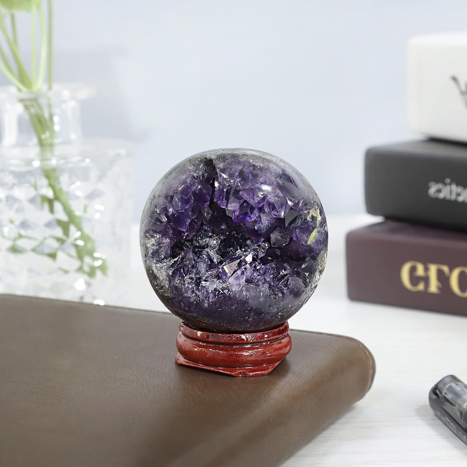 TUMBEELLUWA Amethyst Druzy Geode Gemstone Ball with Wood Stand Healing Natural Crystal Sphere Ball for Divination Home Office Decor, 2-2.36 Inches