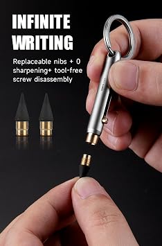 KEEPO LINK Mini Mechanical Pencil with Key Ring & 2 Extra Nibs, OLP01 | Titanium Infinite Keychain Pencil for Everyday Carry, Office, Outdoor, Back to School Supplies (Grey)