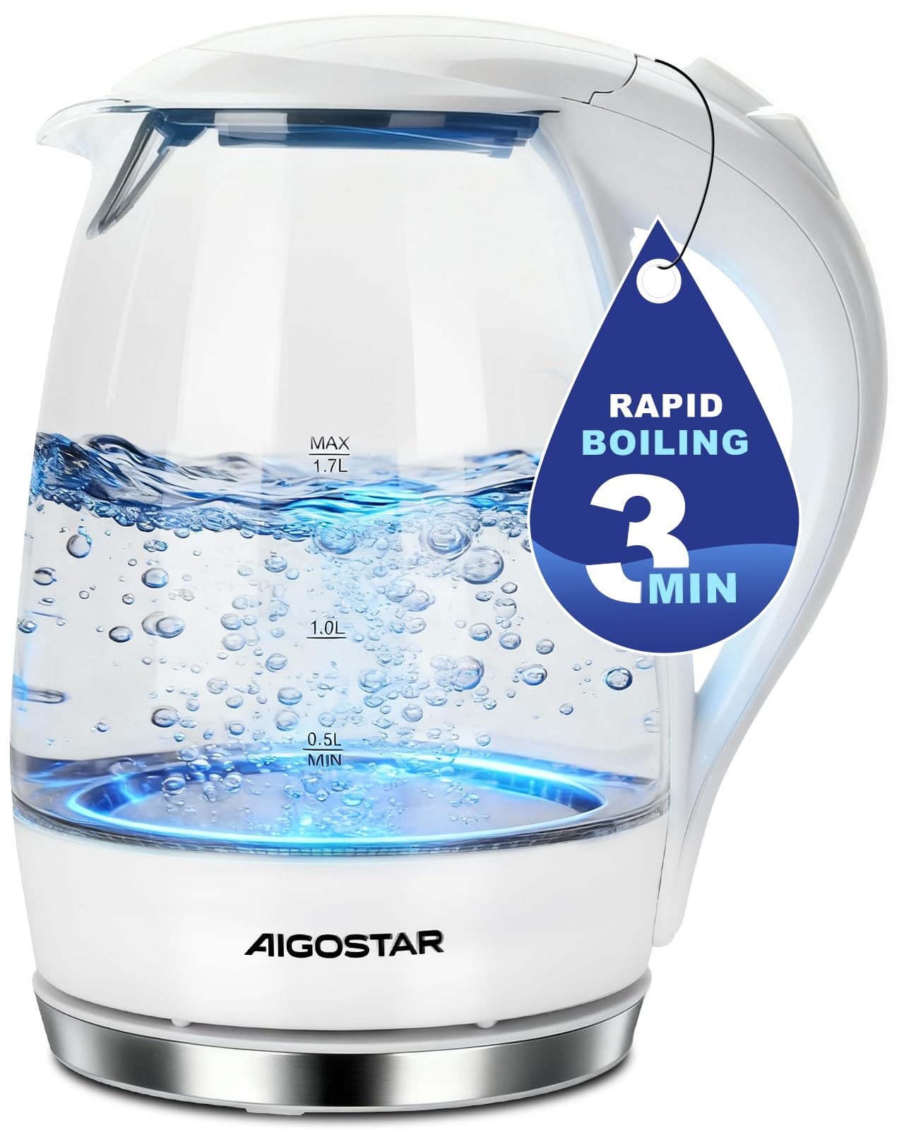 Aigostar Eve 30GON- Szklany czajnik z podświetleniem LED, 2200W, 1.7 L. Zabezpieczenie przed przegrzaniem, BPA Free, Biały ekskluzywny projekt