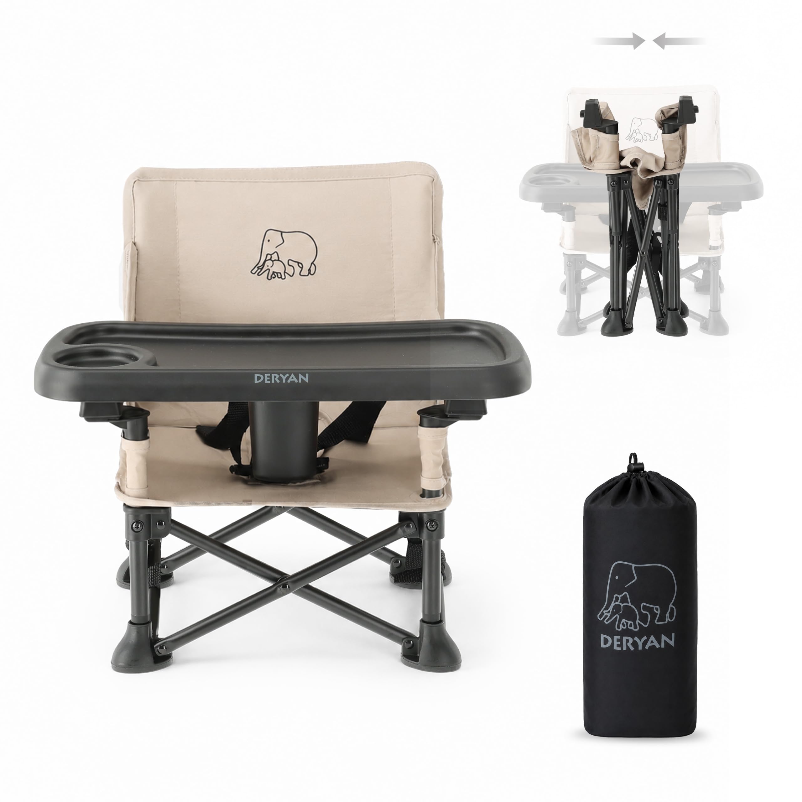 Deryan Pop 'N Sit Mini Rehausseur de Chaise Pliable pour Bébé - 6 à 36 Mois - Jusqu’à 15 kg - Harnais 3 Points - Plateau Amovible - 4 Sangles de Fixation - Sac de Transport - Nougat