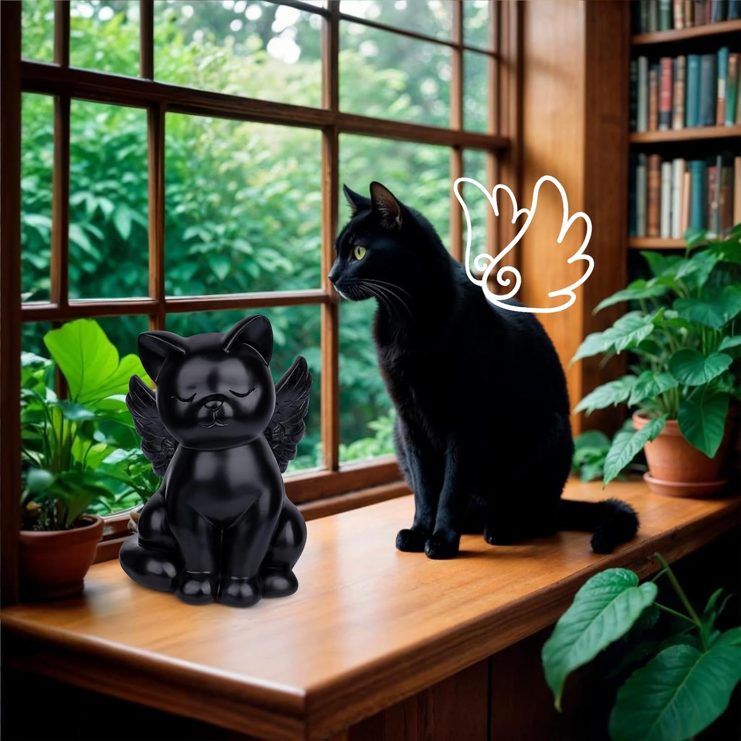 Black Cat Urn for Ashes - Sleeping Angel Memorial Figurine, Cremation Funeral Statue for Pet Lovers
