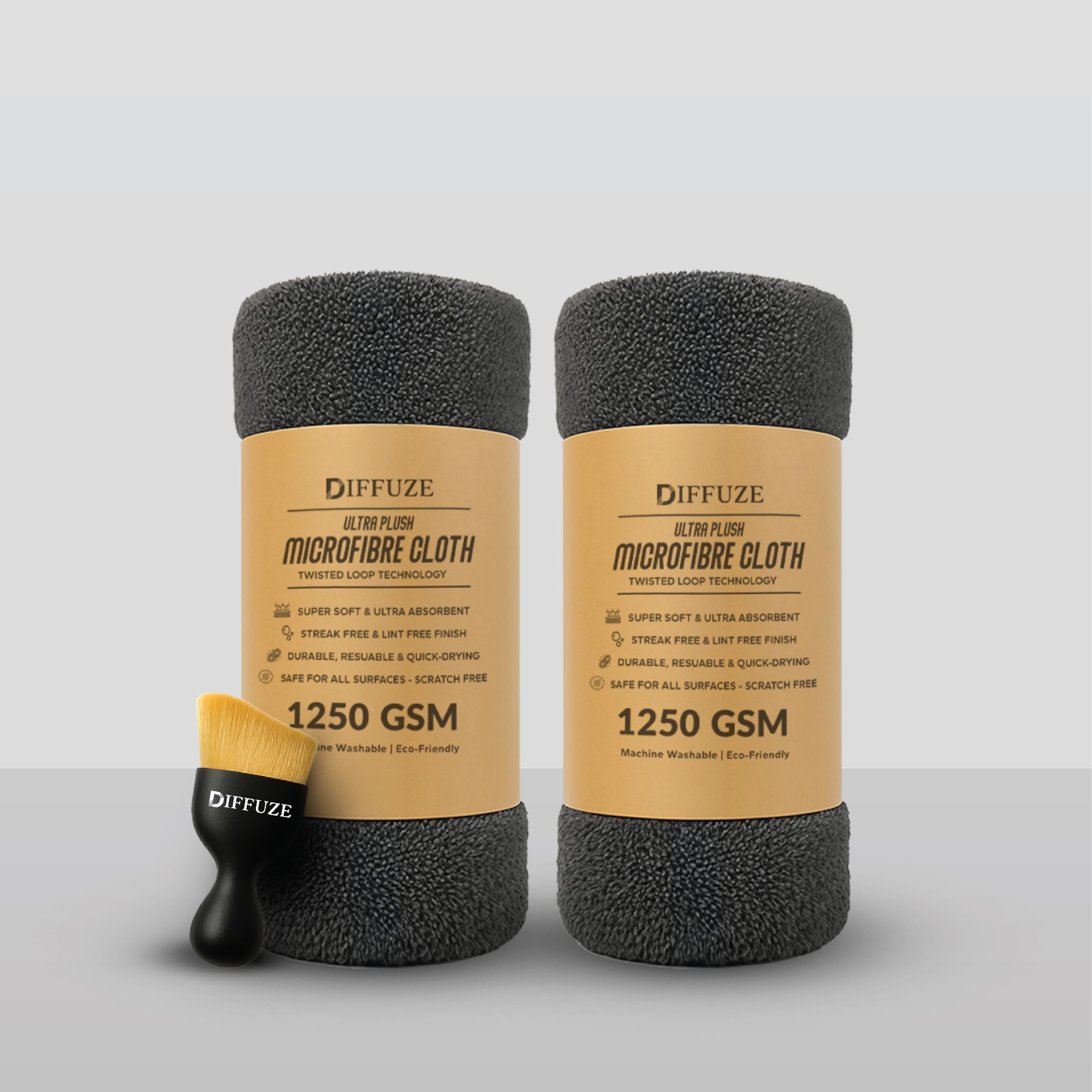 Diffuze Microfiber Cloth 1250 GSM 40x40 cm (2 Pcs) – Car & Bike Cleaning Towels with Bonus Brush | Ultra Thick, Super Absorbent, Lint-Free Multipurpose Cloths-picture-10