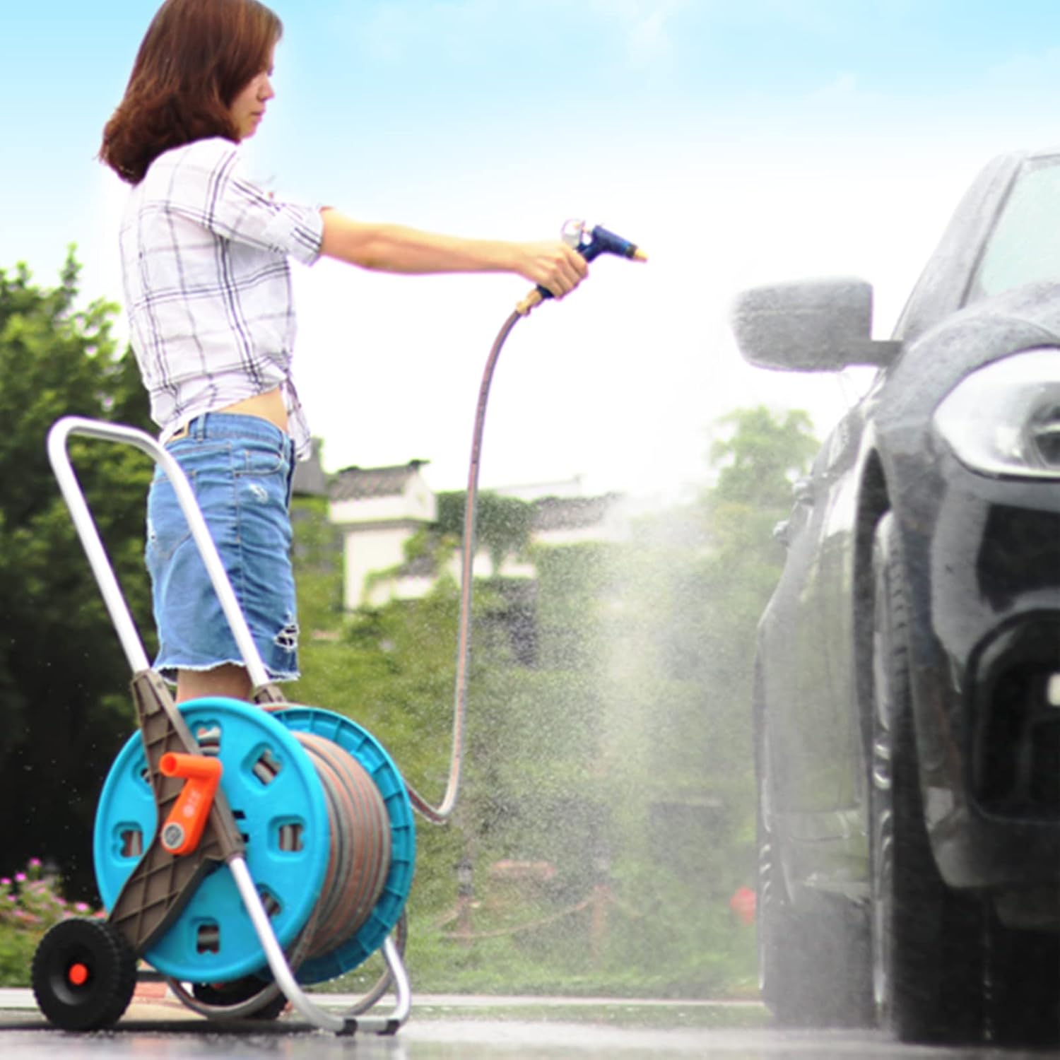 EVTSCAN Portable Garden Hose Reel Cart, 2 Wheeled Hose Trolley Holds 196 Foot Hose Capacity, Aluminium Tube, Easy to Assemble, Keep Your Yard Neat and Tidy, for Watering Plants and Lawns, Washing Cars