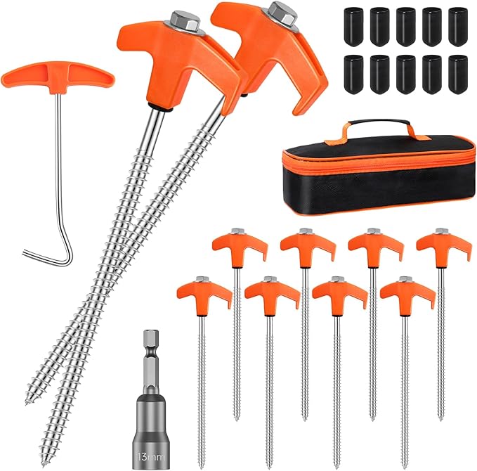 Tent Pegs, Storm Proof, Steel Pegs for Screws, Screw Pegs, Camping, Screw Pegs, Awning, Rotating Tent Pegs with Thread, Flat Head Screws for Hard Ground