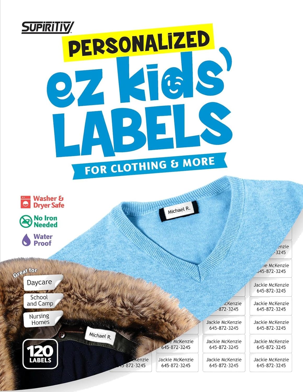 120 Custom Personalized Waterproof Name Labels | Monogram - Any Upper Case Letter | Self Stick | Clothing, School, Camp, Toys, All Purpose | Ez Kids and All Ages | Washer, Dryer & Dishwasher Safe