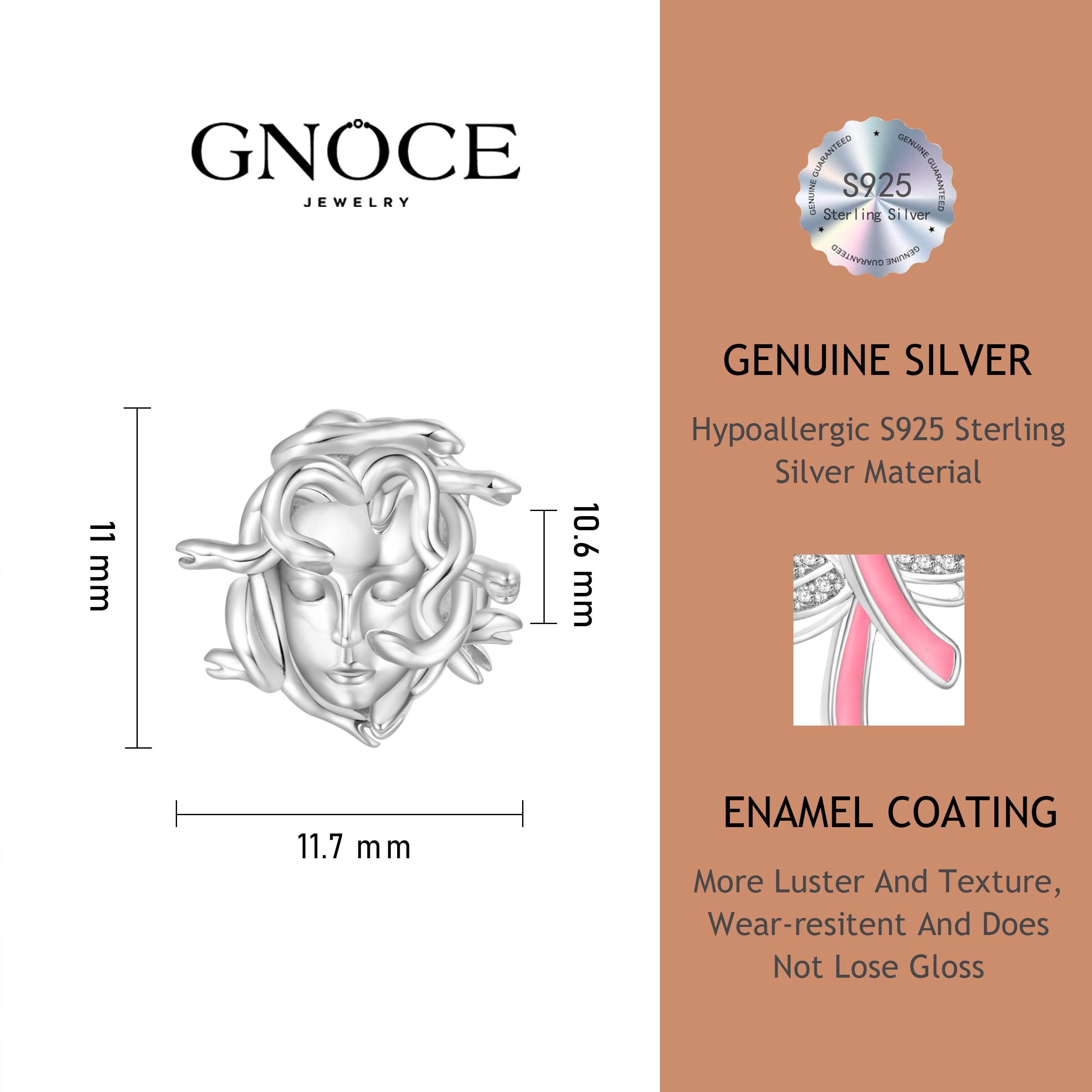 GNOCE Abalorio de plata de ley 925 con diseño de cabeza de medusa de gorgona mítica para pulsera, collar, regalo para mujeres y esposas, Plata de ley, Circonita cúbica