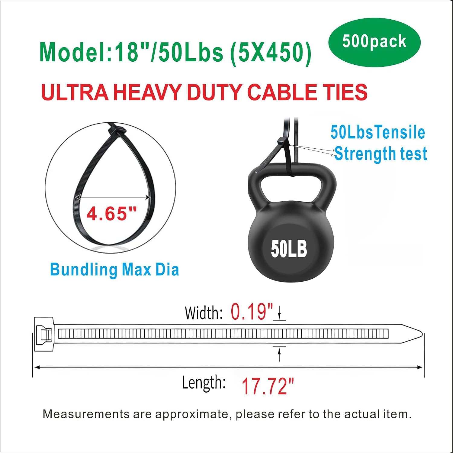 18 Inch Black Zip Ties Heavy Duty, 50LBS Tensile Strength, Flame Retardant Nylon Cable Ties, Self-Locking Wire Ties for Indoor Outdoor Industrial & Household Cord Management (500 Pack)