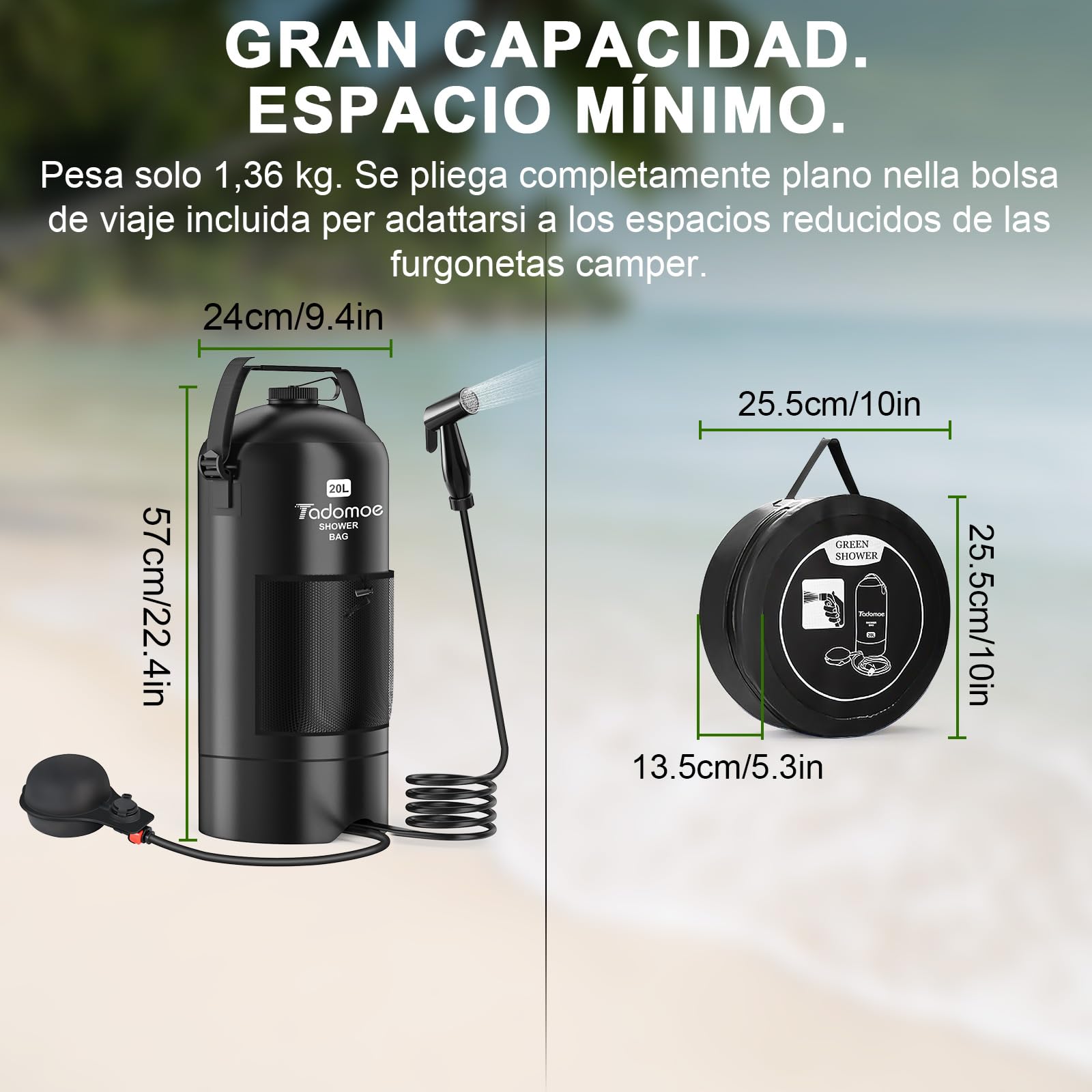 Ducha Portátil de Camping 20L con Bomba de Pie y Manguera 2m | Presión a Pie, Uso sin Colgar, Ideal para Camper, Surf, Playa, Perros, Bolsa de Transporte