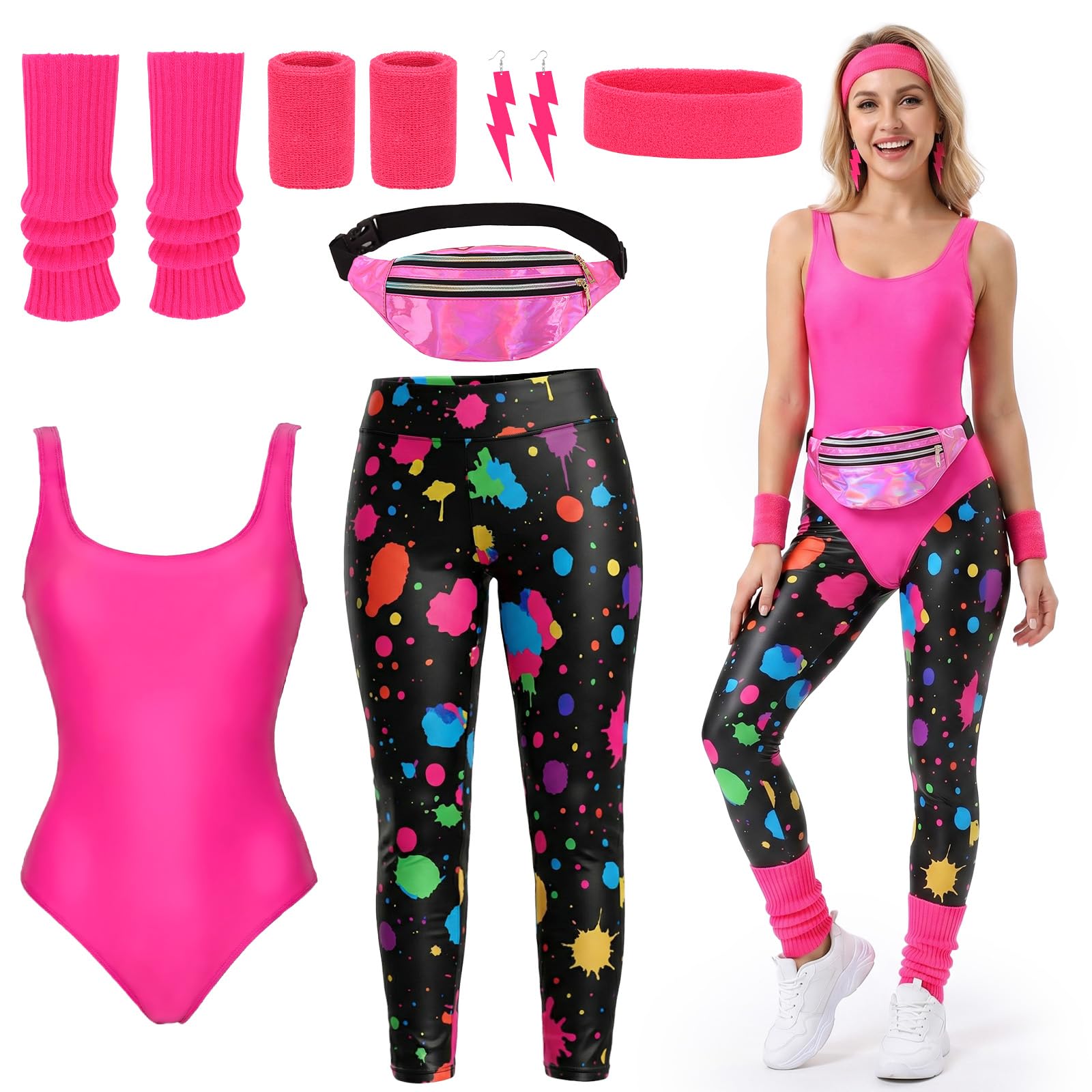 80er Jahre Outfit Damen Set 80er Jahre Kleidung Kostüm Mottoparty Retro Outfit 80er Jahre Workout Kostüm 80er Kleidung Accessoires 80 Aerobic Outfit Damen 80er Aerobic Kostüm 80 90er Sport Outfit, L