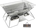 CAMPINGMOON Stainless Steel Foldable Camping Grills Portable Wood Burning Charcoal Grill 14-inch with Carrying Bag MT-2