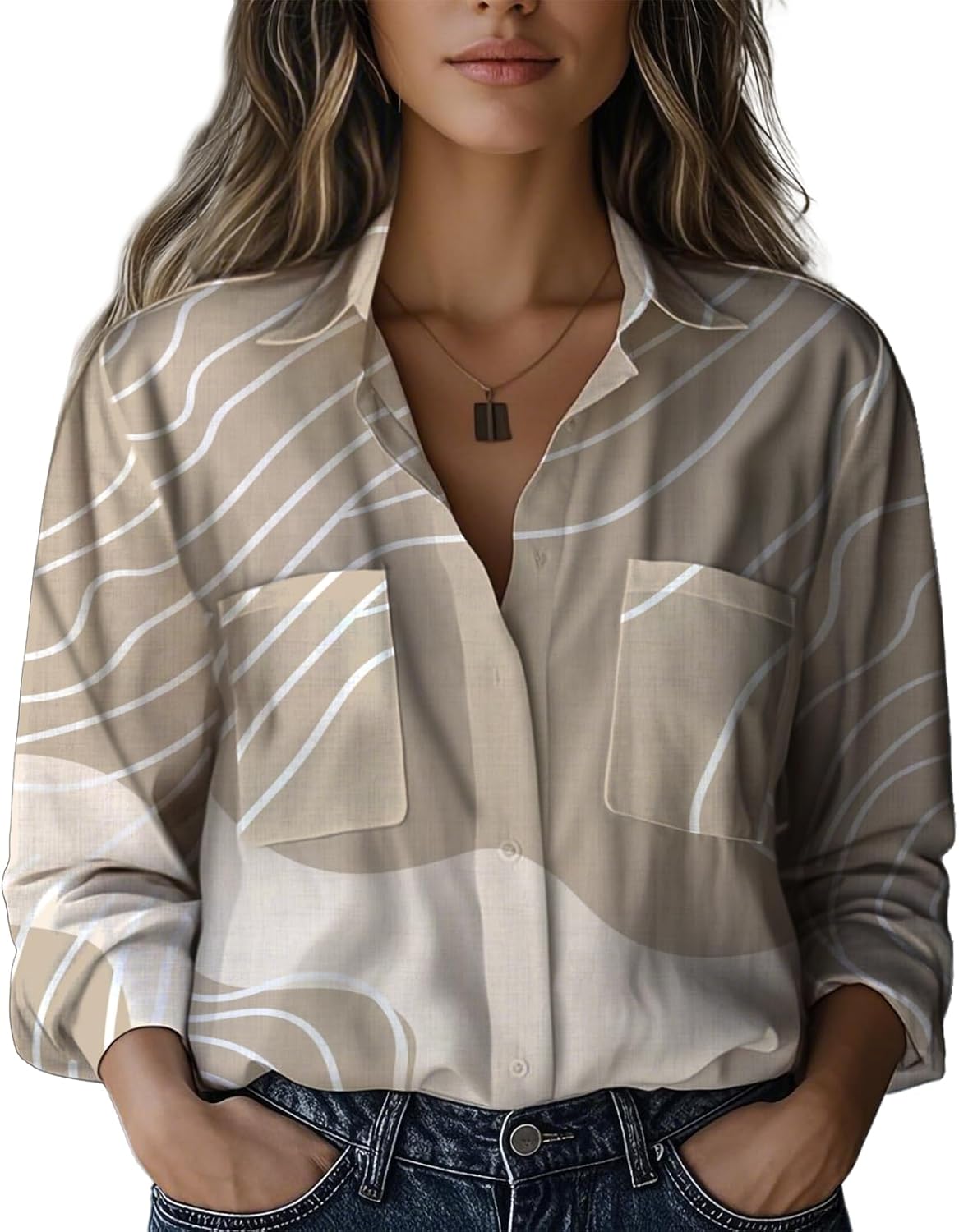 domirica Oversized Shirts for Women Business Casual Travel Soft and Comfy V Neck Long Sleeve Button Up Summer Blouse