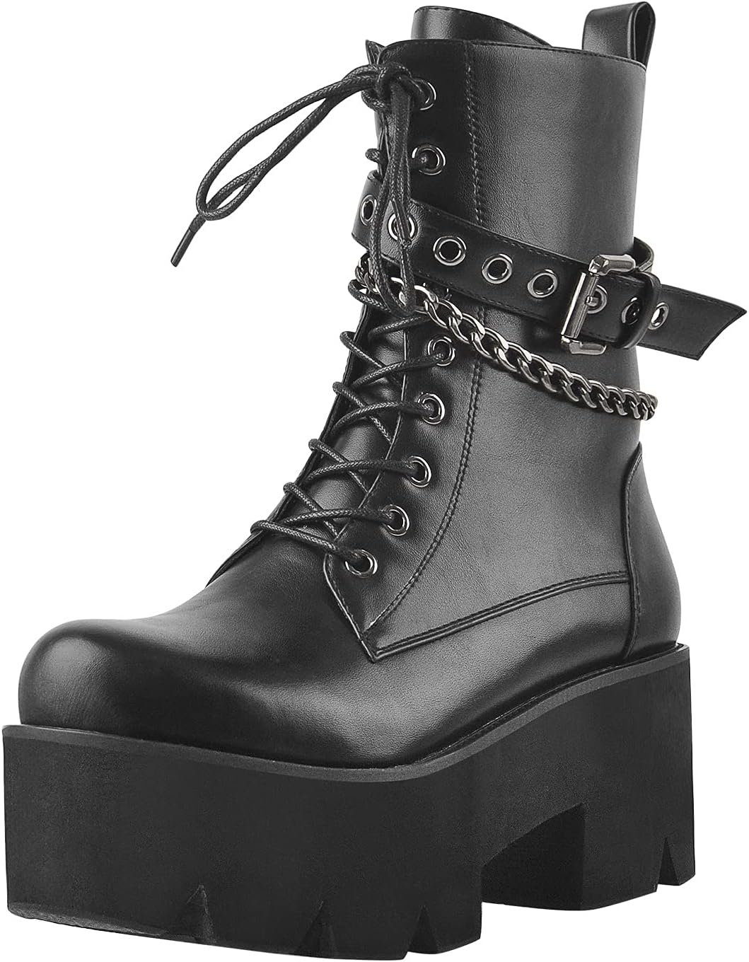 LISHAN Women's Zip Up Ankle Buckles Lace Up Platform Short Boots