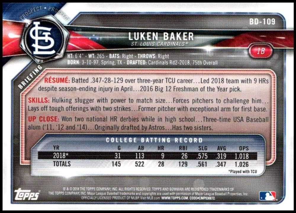 2018 Bowman Draft #BD-109 Luken Baker St. Louis Cardinals Baseball NM-MT