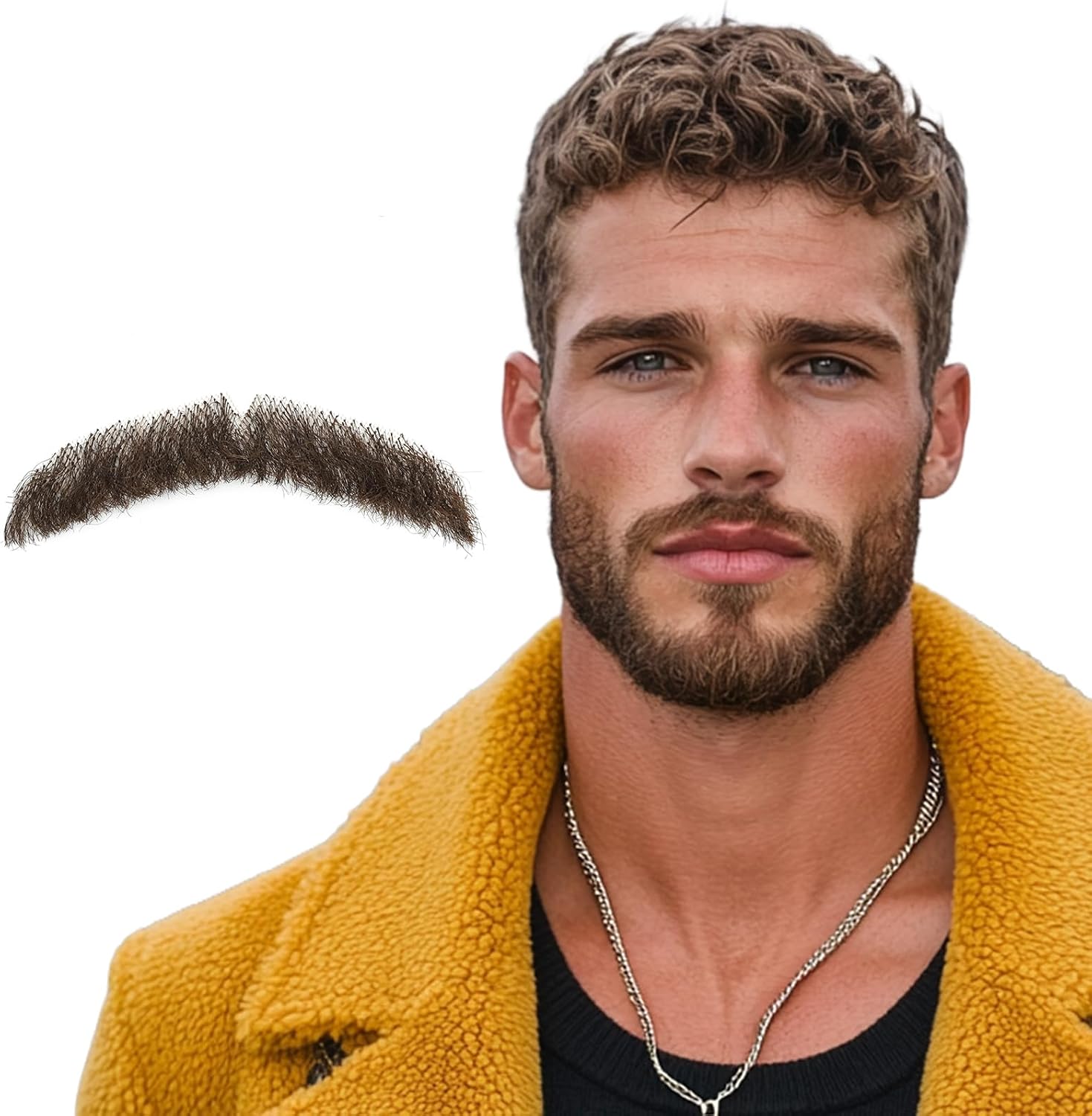Human Hair Fake Mustache, Invisible Lace Fake Mustaches, Handmade Fake Beard Costume for Halloween, Drama and Themed Parties (Brown Style2) | Human hair Handmade