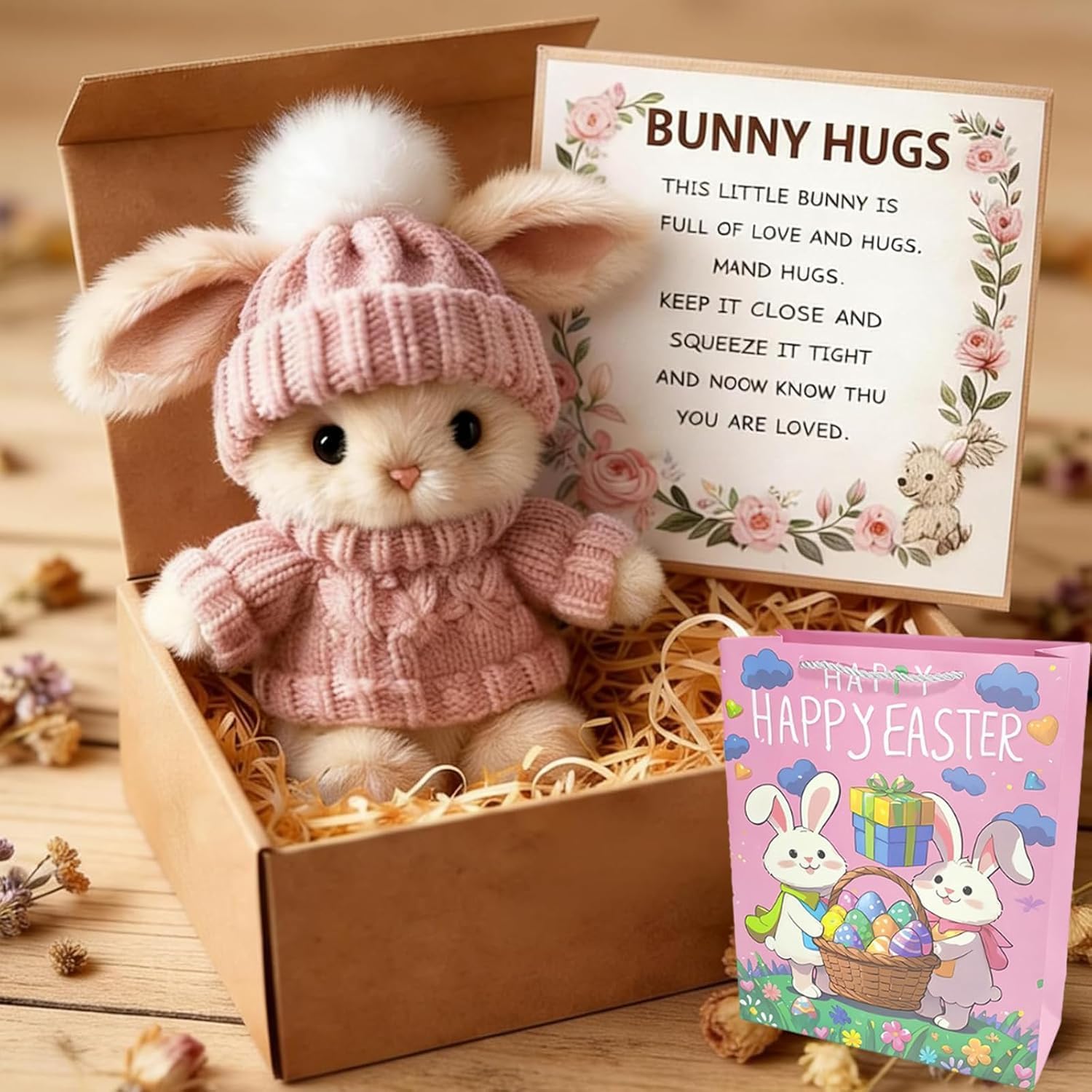Emotional Support Inspirational Basket Bunny Home Decor, Positive Handmade Mini Bunny Hug Cute, 2026 New Mini Rabbit in Box with Card for Women Men