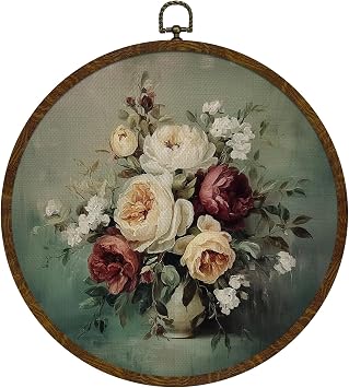 KLYTINK Vintage Floral Round Wall Art, 10x10 Inch European Classical Still Life Flower Canvas Prints, Elegant Botanical Wall Hanging Decor for Living Room or Bedroom KitchenWhite Floral