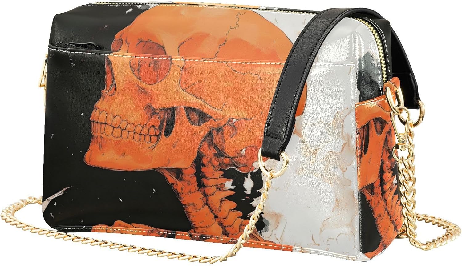 Skull Orange Women's PU Leather Crossbody Bag Shoulder Handbag Cellphone Purse with Metal Chain Strap Water Resistant Zipper Closure