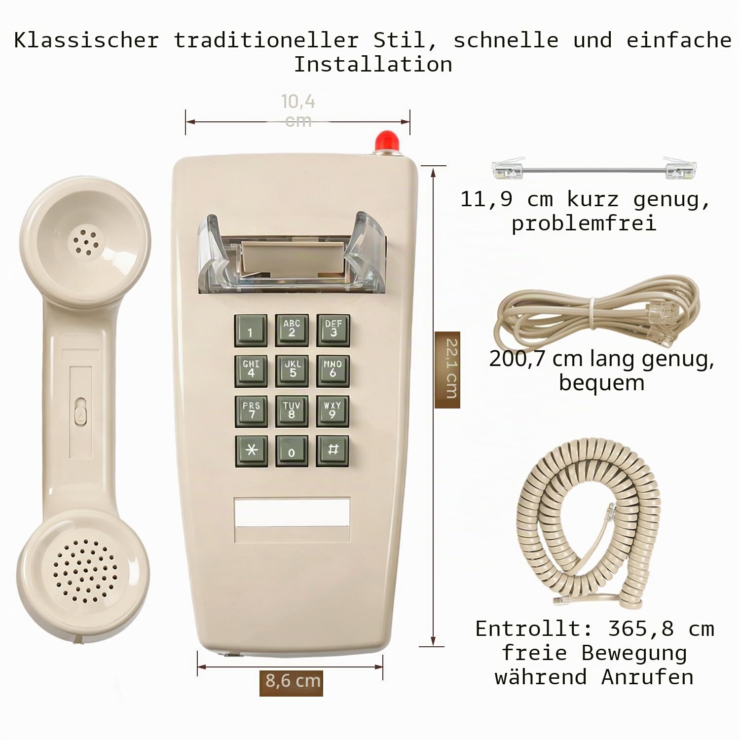 Klassisches Wandtelefon für Festnetz mit mechanischem Klingel, einreihiges 2554 Wandtelefon mit Anzeige, Retro-Wandmontage, wasserdicht, alte Wandhalterung für Küche, Zuhause, Beige