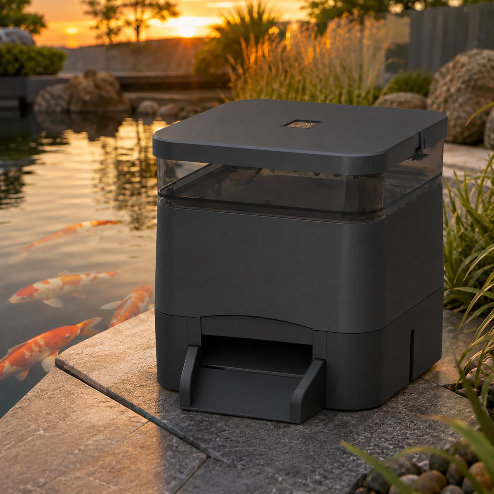 Solar Fischfutterautomat für Teich - 4 L Futterspender mit täglicher Zeitsteuerung für Koi Black