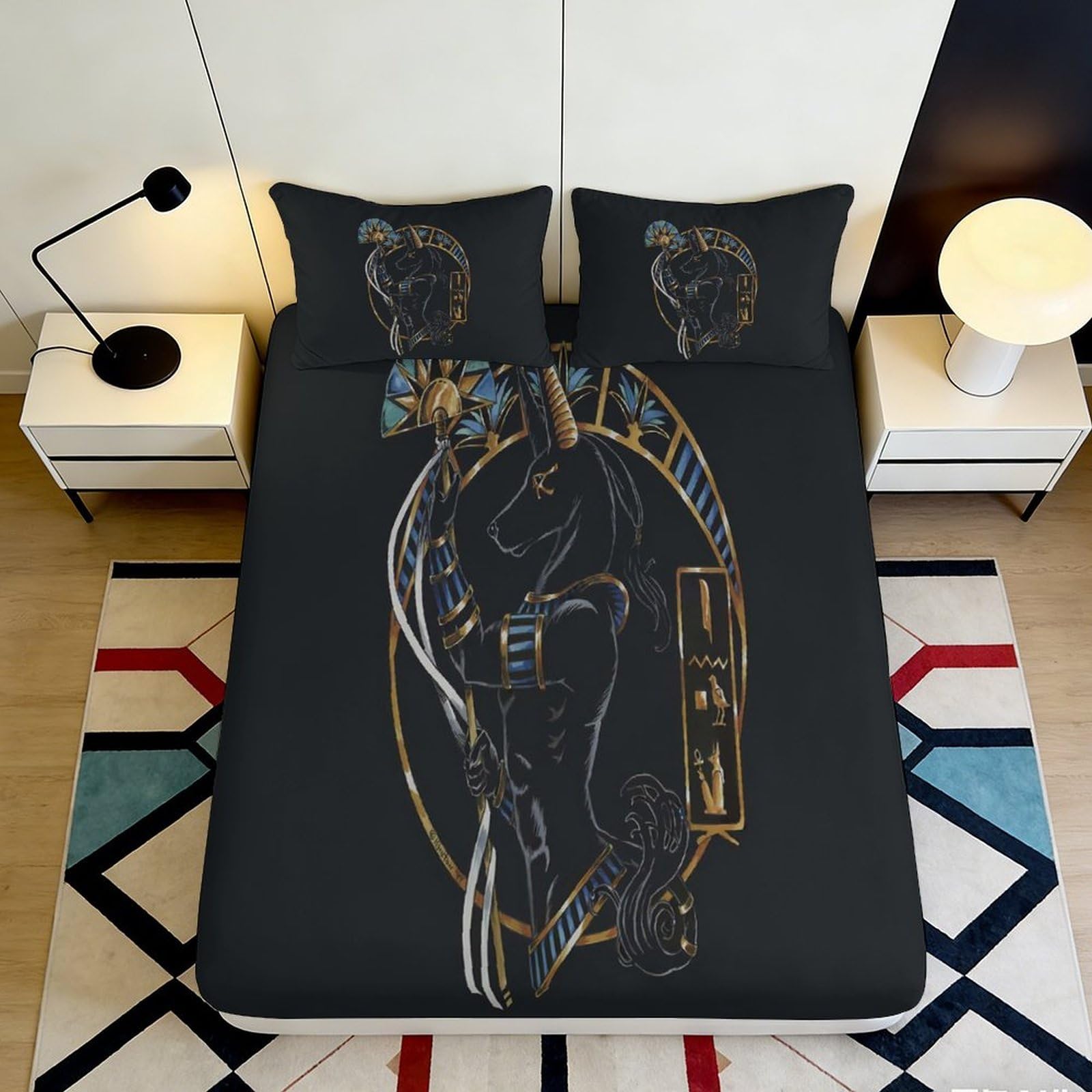 3D Printed Egyptian Anubis Fitted Sheet Microfiber Black Gold Pharaoh Mattress Cover Decor for Bedroom Guest Room 90x200x25cm