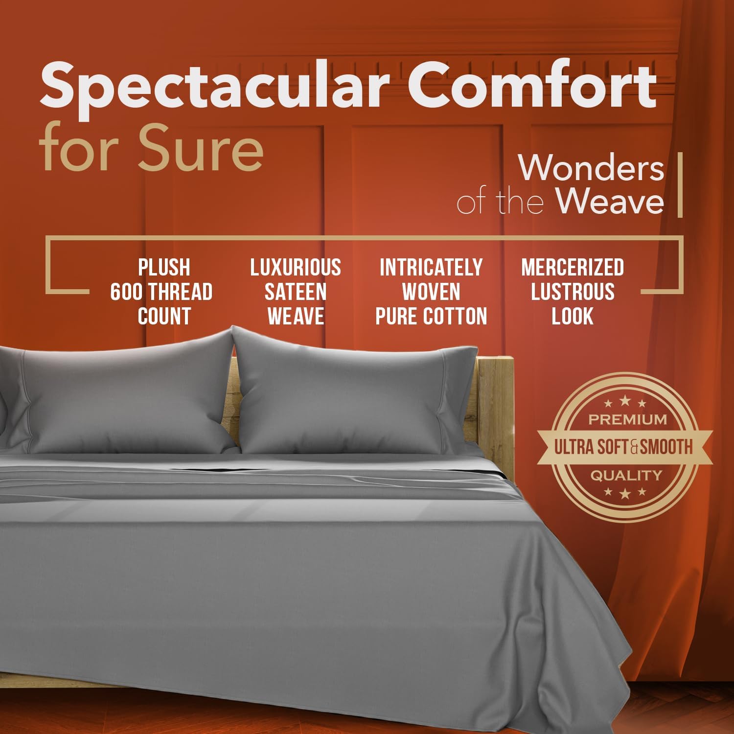 TEXAS LINEN CO. 100% Egyptian Cotton Sheets - 600 Thread Count 4 PC King Size Sheet Set, Soft, Cooling, High Thread Count Sateen Weave, Extra Long Staple Luxury Bedding, 16 in Deep Pocket - Dark Grey - Image 3