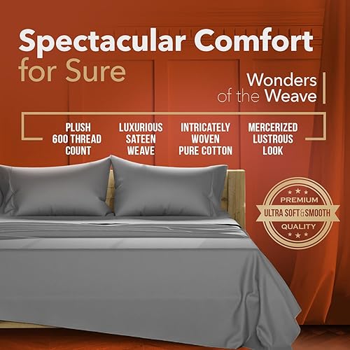 Miniatura 3 de Juego de sábanas de algodón egipcio puro (tamaño Queen, 600 hilos) y fundas de almohada grises (4 piezas)  Sábanas de algodón egipcio tamaño Queen