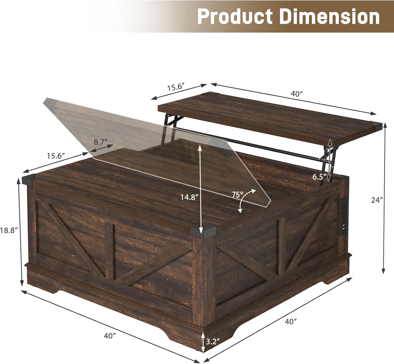 Diagram showing the dimensions of the Hlivelood Farmhouse Lift Top Coffee Table