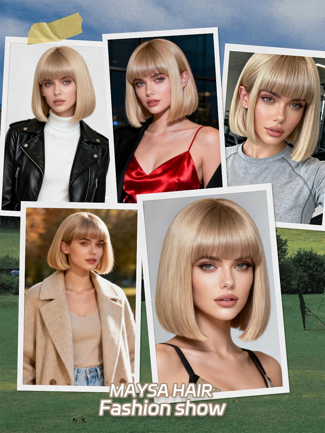 MAYSA Blonde Bob Wig with Bangs for Women, Short Straight Bob Wigs, Synthetic Natural Looking Daily Party Wigs # Gloden Blonde mix Platinum Blonde - Image 5
