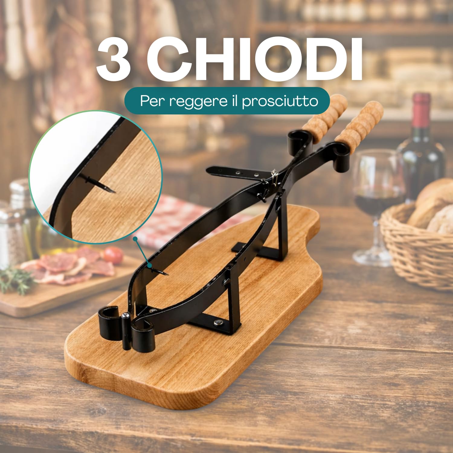 VIRSUS Porta prosciutto con Base e Manici in Legno e morsa in Ferro Verniciato, misuro 58x18 cm, fermaprosciutto per Taglio preciso a Mano a Coltello prosciutto Intero