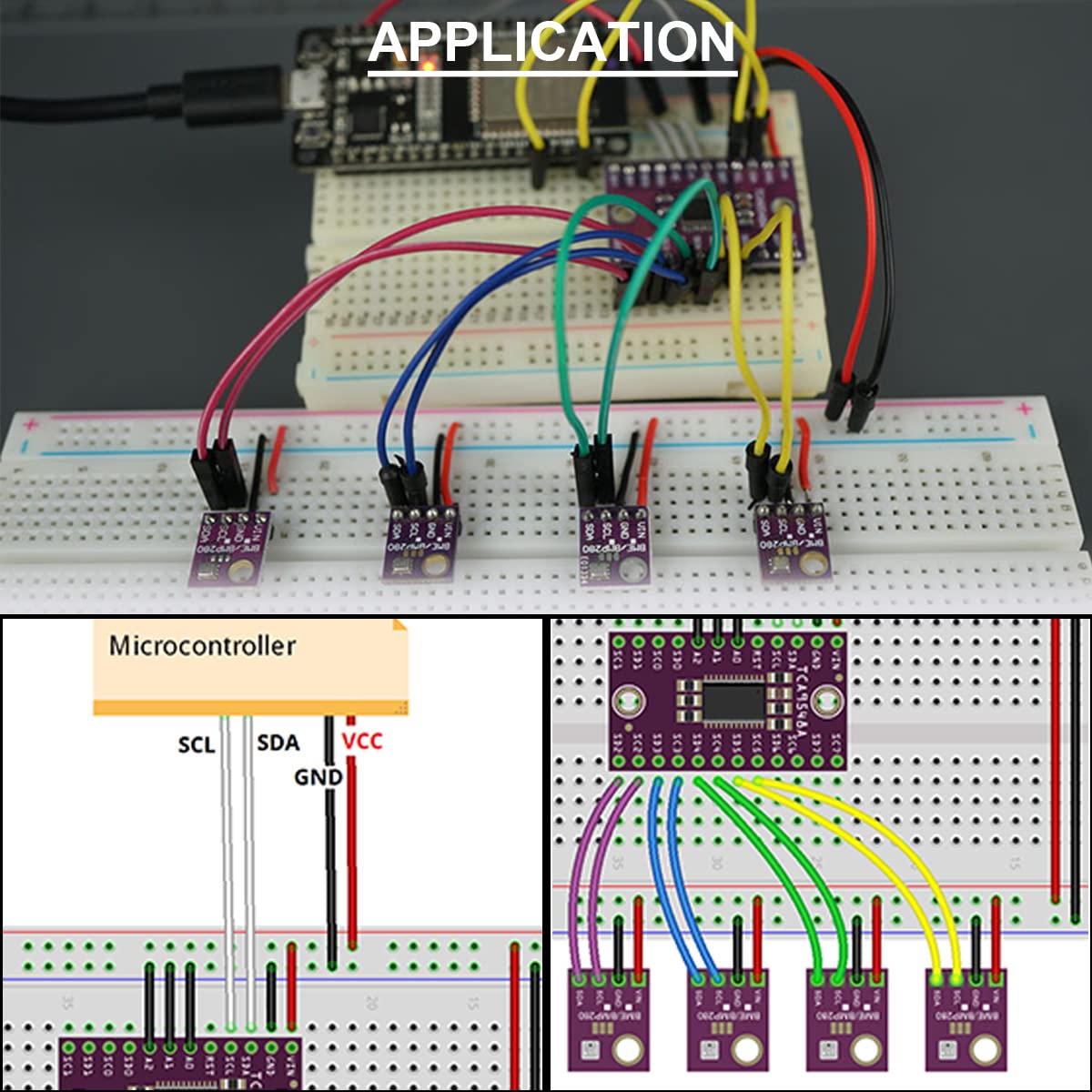 An example application setup showing a microcontroller connected to the TCA9548A I2C Multiplexer, which in turn is connected to multiple I2C sensors on a breadboard.